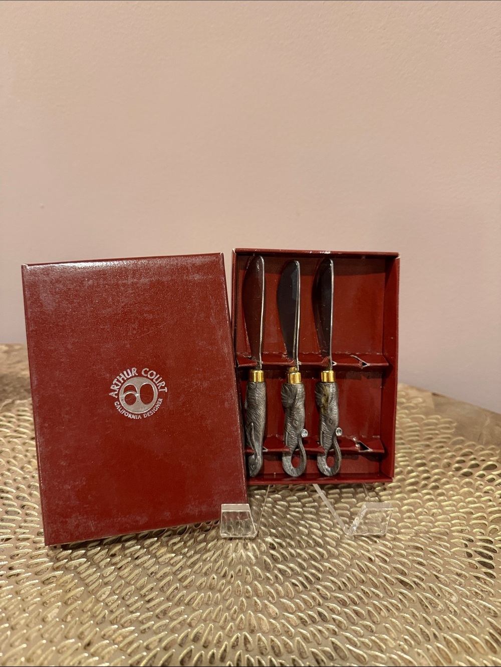 Vintage Arthur Court Cheese Knife Spreader Set/3 with Decorative Handles